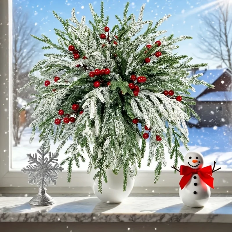 24 قطعة فروع الصنوبر الشمالية الاصطناعية مع التوت الأحمر واقعية وهمية الصنوبر إكليل كثيفة الإبر الخضراء الثلوج لزينة عيد الميلاد