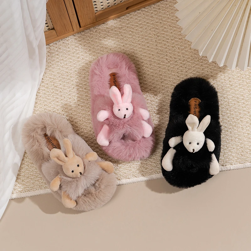 

Cute Girls Warm Slippers with Cute Rabbit Children Fashion Cross Shoes Casual 2025 Winter New Kids Plush Slippers Soft Bottom