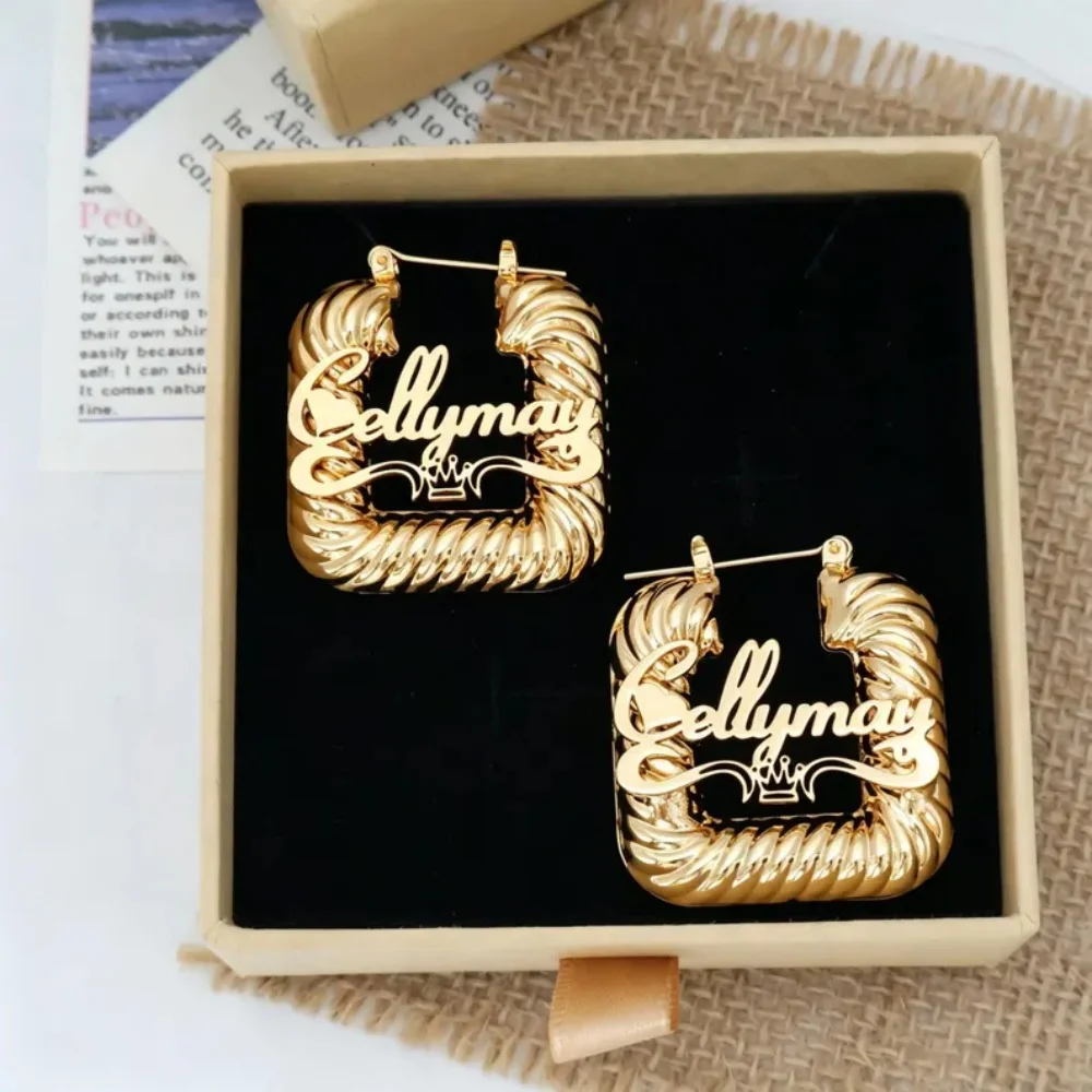 LeeChee 35mm Custom Name Twisted Square Hoop Crown Earrings Personalized Gold Earrings Gift