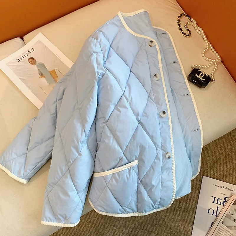 

Корейская модная утепленная куртка из хлопка с синим ромбовидным узором и белым пуховым наполнителем для мужчин и женщин, осенне-зимняя