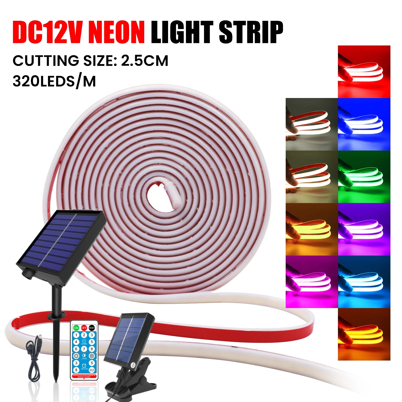 Tira de luz LED de neón Solar COB, lámpara de cinta de cuerda de iluminación lineal con Control remoto, IP68, 12V, regulable, 320LDs/M, RA90