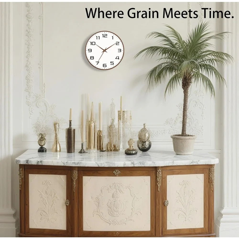 

Wood grain wall clock, silent without ticking, battery powered, 8-inch, modern analog clock.