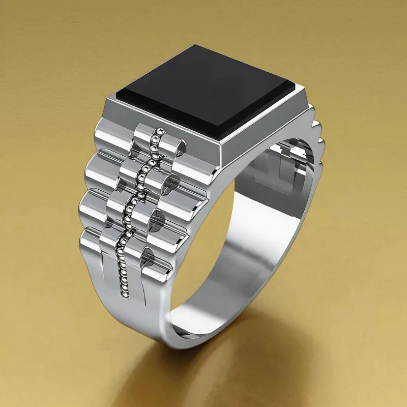 

New Men's Silver Plated Ring - Inlaid Black Square Gemstone Fashion Personality Male Finger Jewelry Accessory