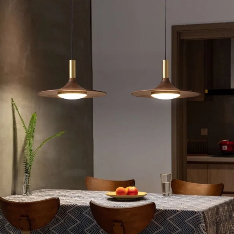 Restaurant lamp chandelier, retro walnut color flying saucer bar lamp, new Chinese zen island lamp