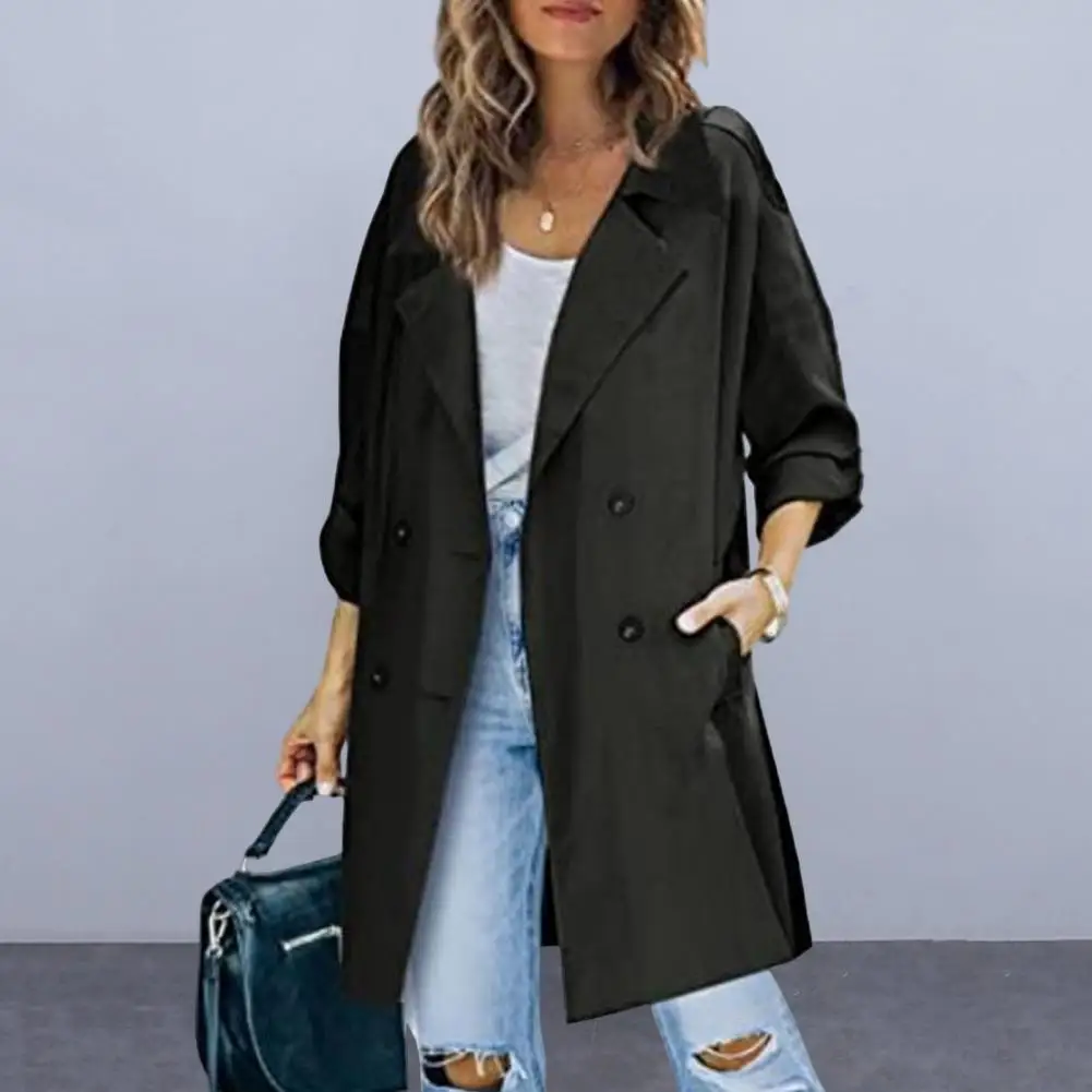 Autumn Spring Women's Trench Coat Lapel Concave Collar Double Breasted Loose Coat Medium Long Solid Color OL Commuter Coat