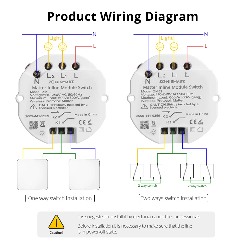 Zemismart Matter Over WiFi Mini Inline Module 2 Gang Switch Smart Relay Breaker Work with Homekit Google Home Smartthings App