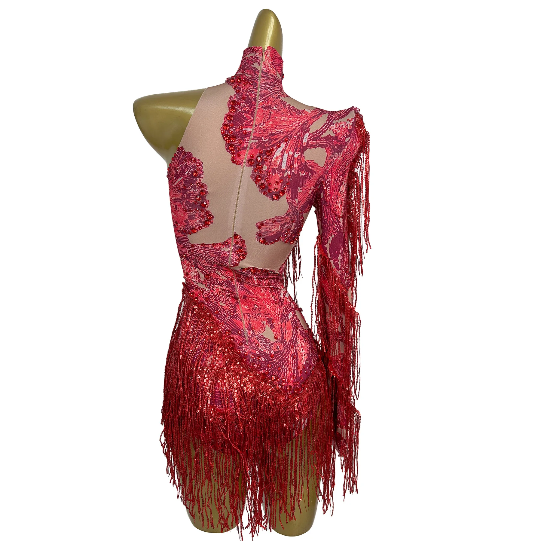 Duxiu One Sleeved Women Jumpsuit Red Rhinestone Fringe Skirt Bar Celebrity Performance Costume Latin Dance Pole Dance Skirt