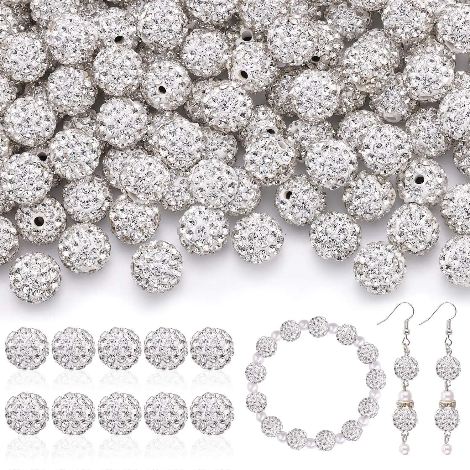 

100Pcs process water drill bead 10mm white water drill ball, used for necklace, bracelet, earring production and DIY decoration