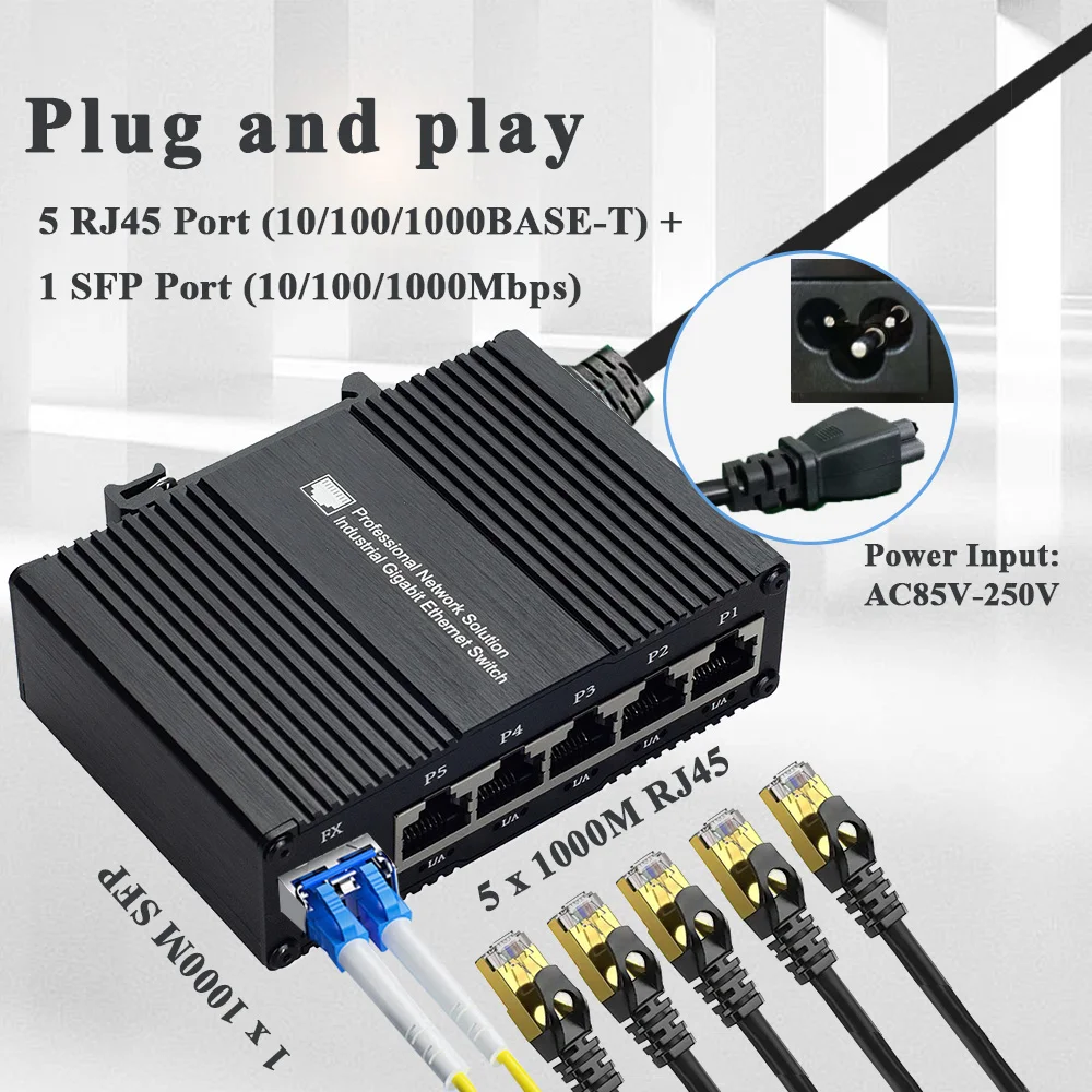 Interruptor industrial da fibra dos ethernet, 5 RJ45 + 1 SFP, 5-Port, 10 Mbps, 100 Mbps, 1000Mbps, montagem do din, interruptor do gigabit ethernet, AIuminum Shell