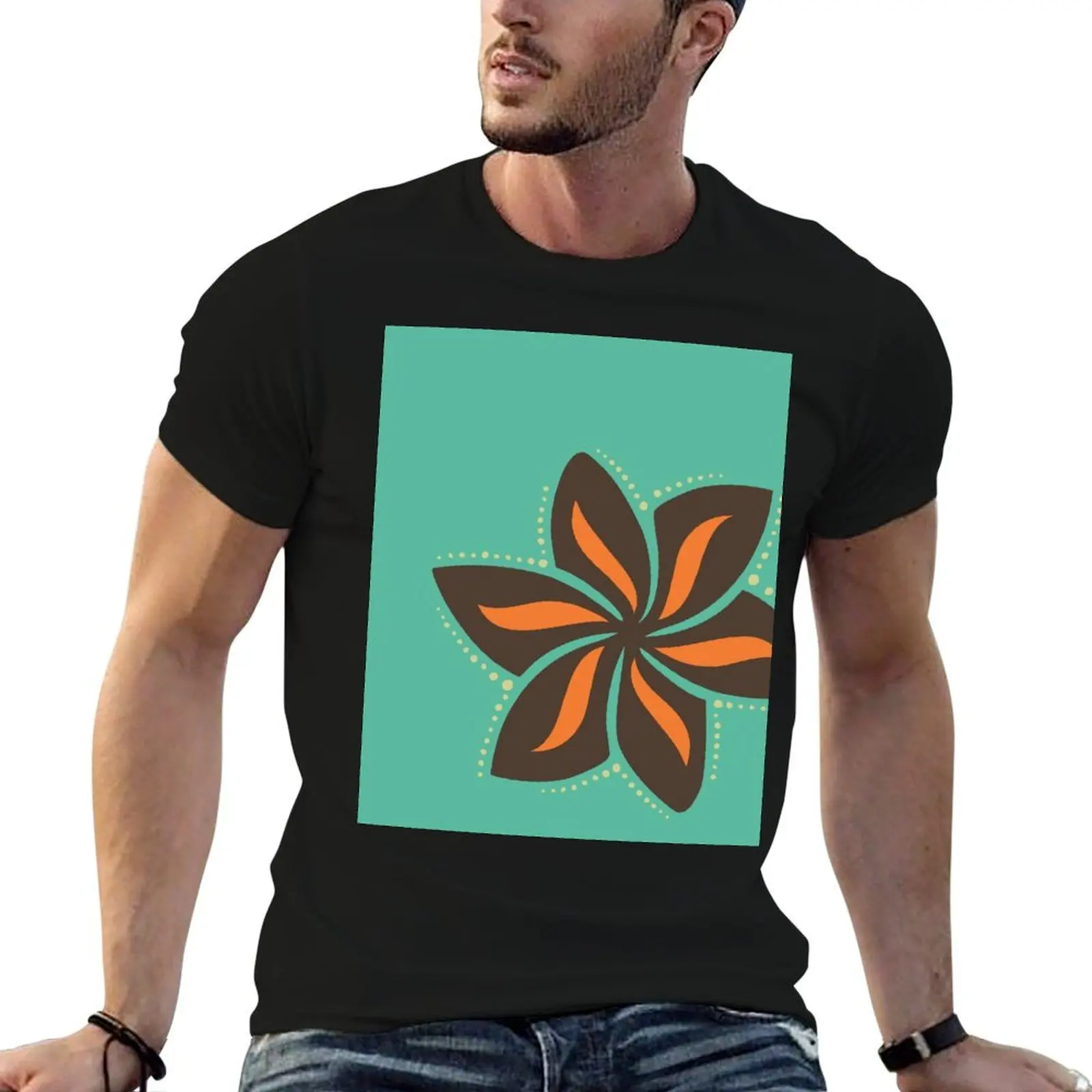 

Retro Brown Tropical Hawaiian Polynesian Flower on Blue Background T-Shirt anime man clothes blacks outfits for men