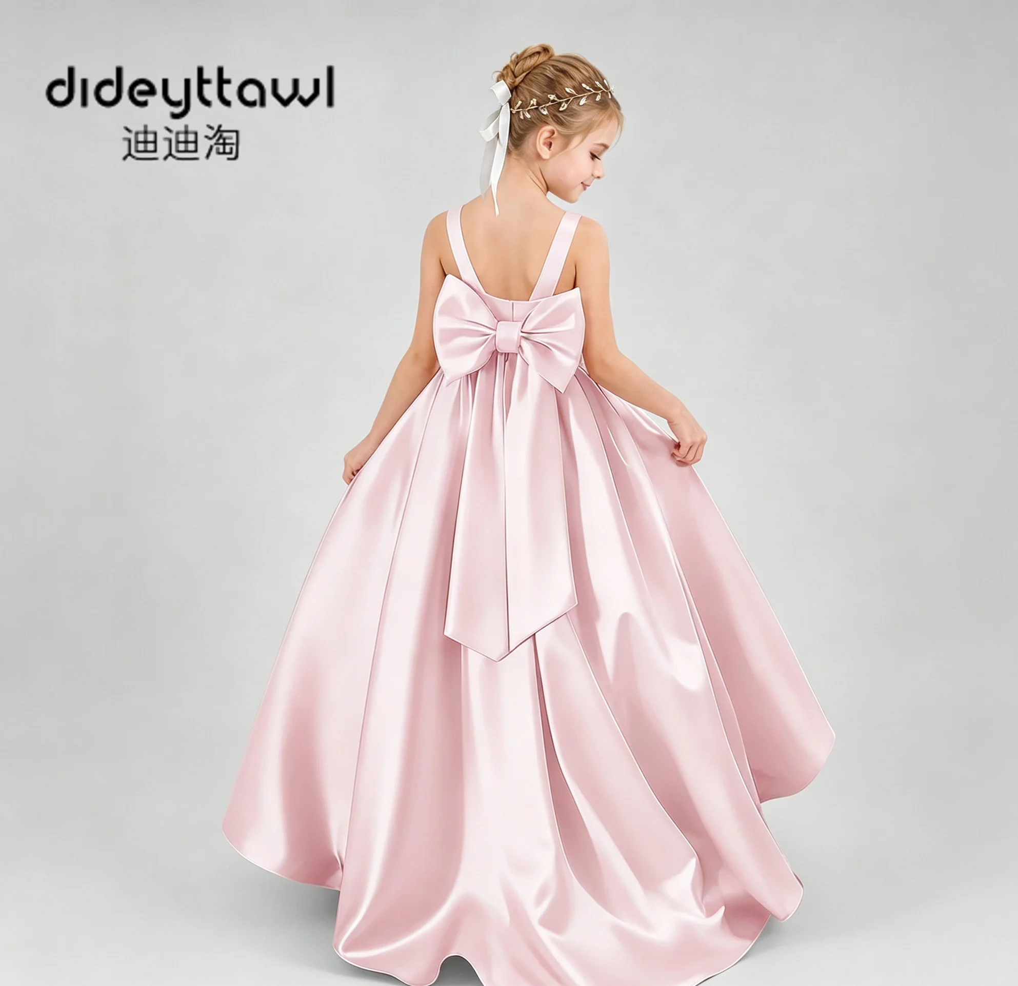Dideyttawl Elegant Satin Flower Girl Dress With Big Back Bow Multi Color Kids Wedding Bridesmaid Gown Sleeveless Princess Dress