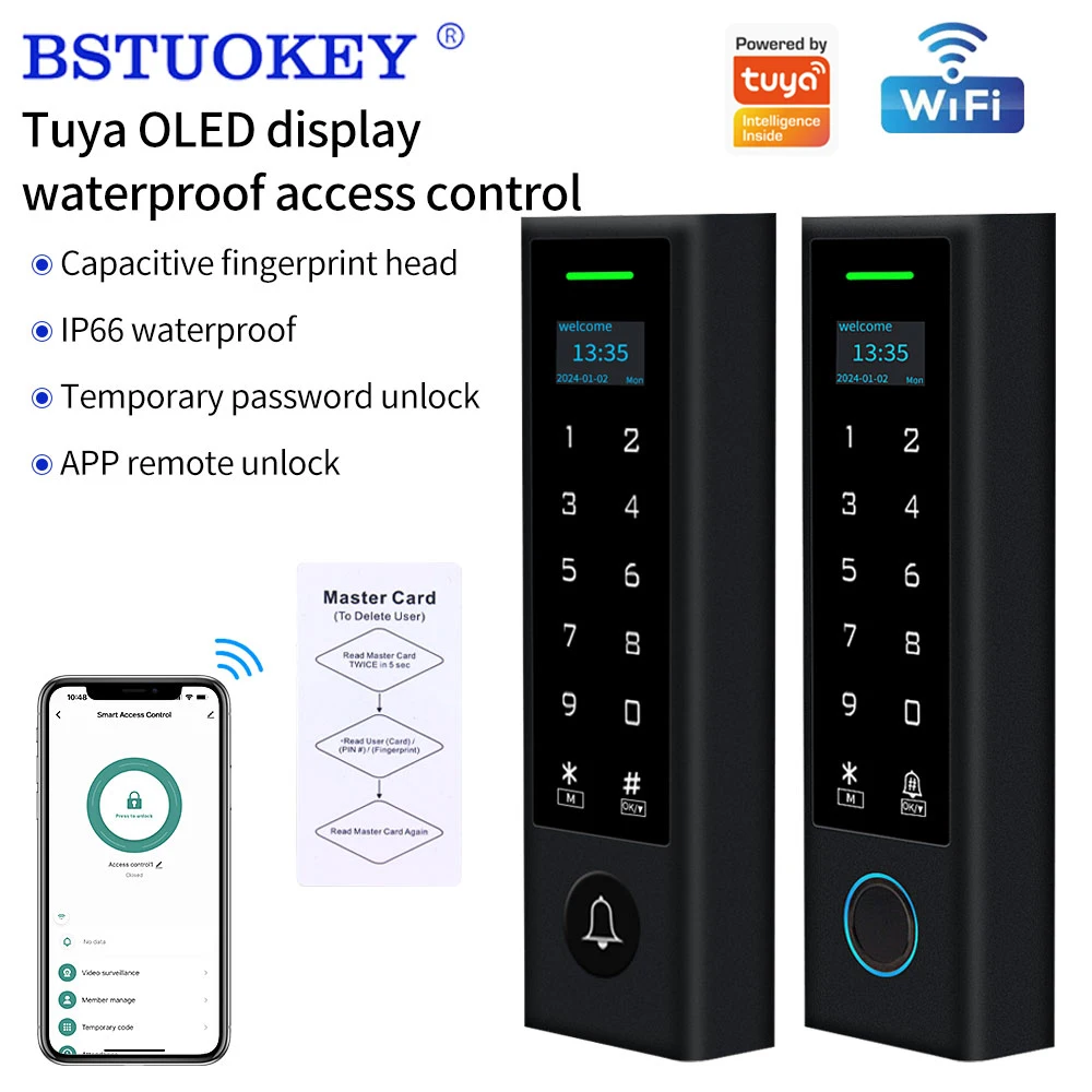 Waterproof Wifi Tuya APP Fingerprint Access Controller Standalone RFID Keyboard Touch Keypad with LCD 125KHz Door Opener System