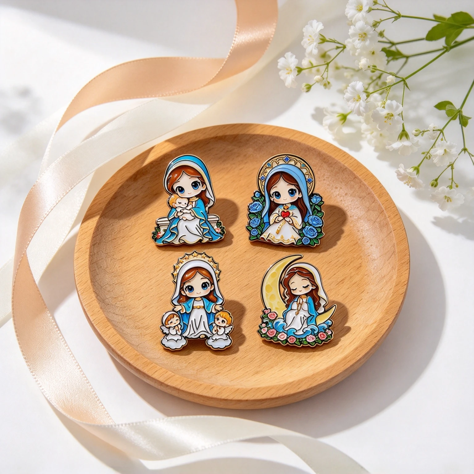 4Pcs Cute Holy Cartoon Series Enamel Badges, Delicate Metal Brooches, Collectible Gifts for Religion Lovers