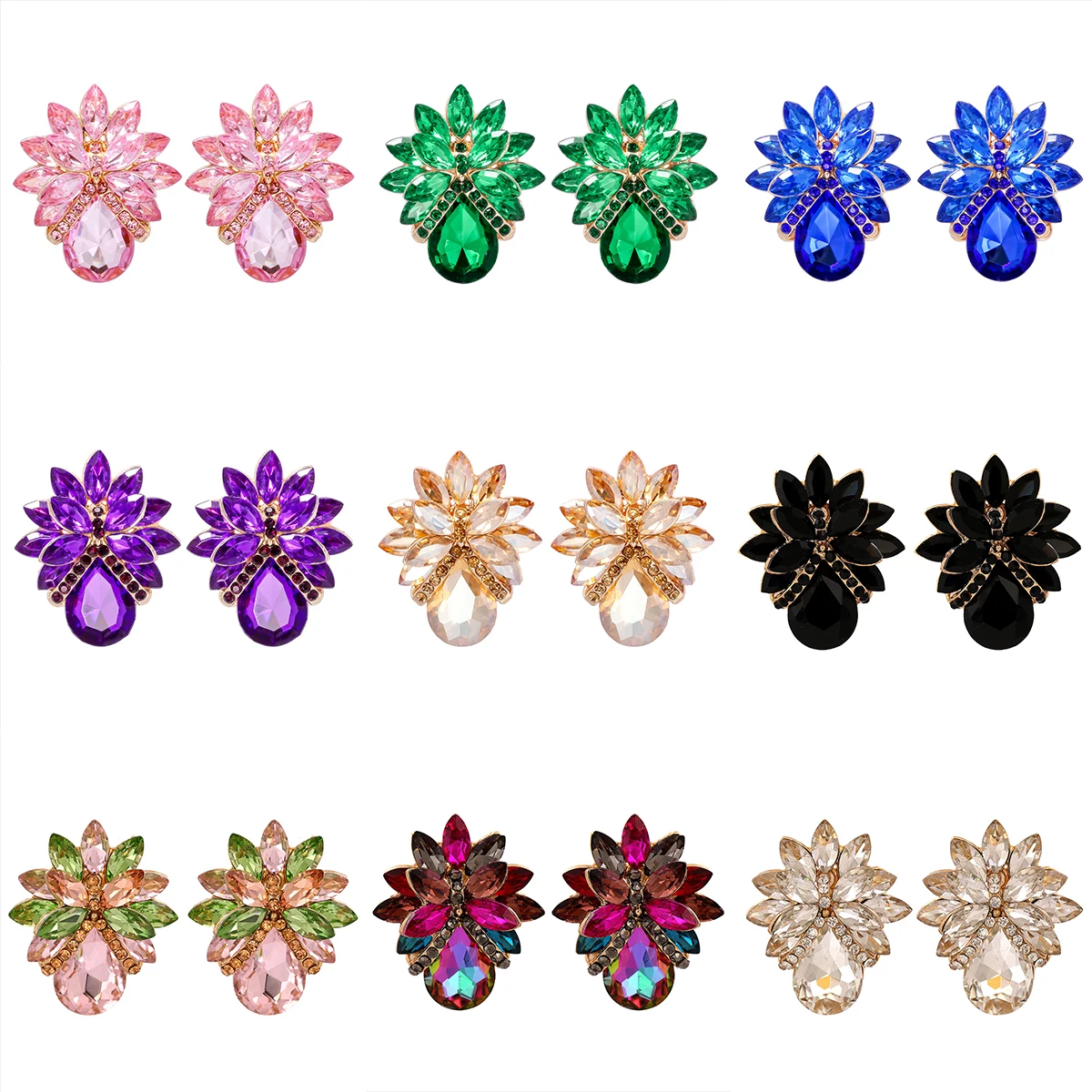 10 Colors Statement Rhinestone Stud Earrings For Women Colorful Crystal Luxury Wedding Party Prom Jewelry