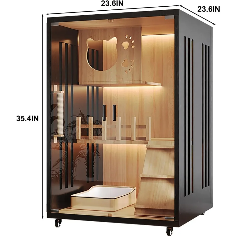 모던 캣 하우스 & 실내 빌라 - 잠금 가능한 바퀴와 강화 유리가 있는 초대형 목재 고양이 집 케이지, 멀티