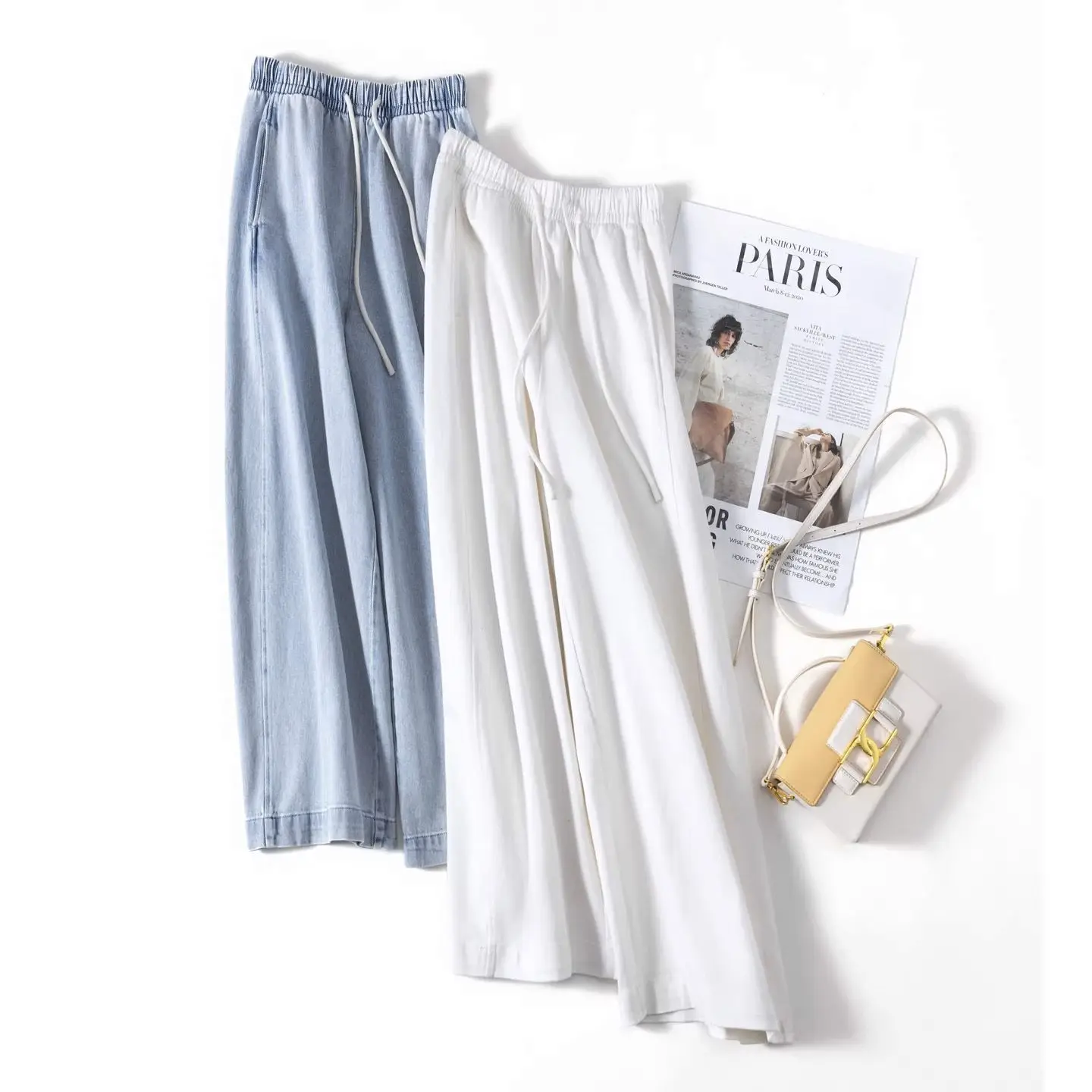 

Dave&di Slim, High Support, Comfortable Cotton, Elastic Waistband, Drawstring, Loose Fit Straight Leg Casual Denim Cropped Pants