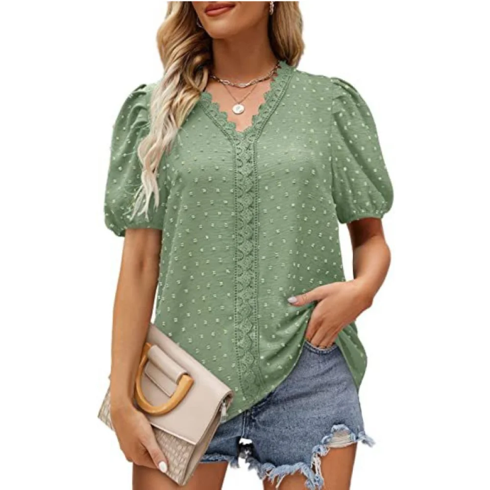 Women Short Sleeve Solid V-neck Hollow Out Lace Patchwork Pleated Chiffon Tops Summer Loose and Breathable Women's Top