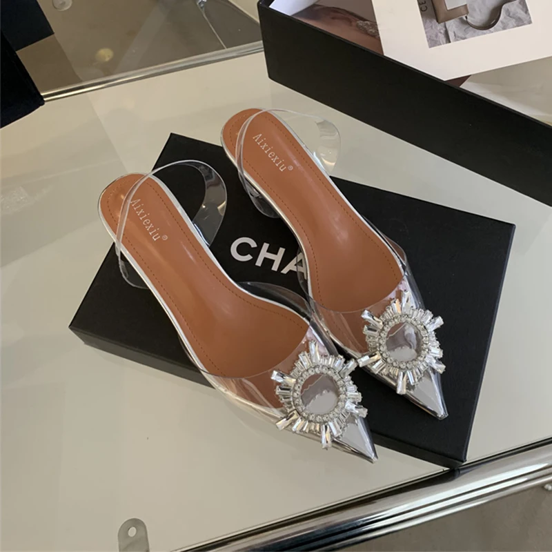 

ZOOKERLIN Spring Autumn Fashion New Sexy Banquet Comfortable Crystal PVC Transparent Solid Color Pointed Women Sandals Low Heel