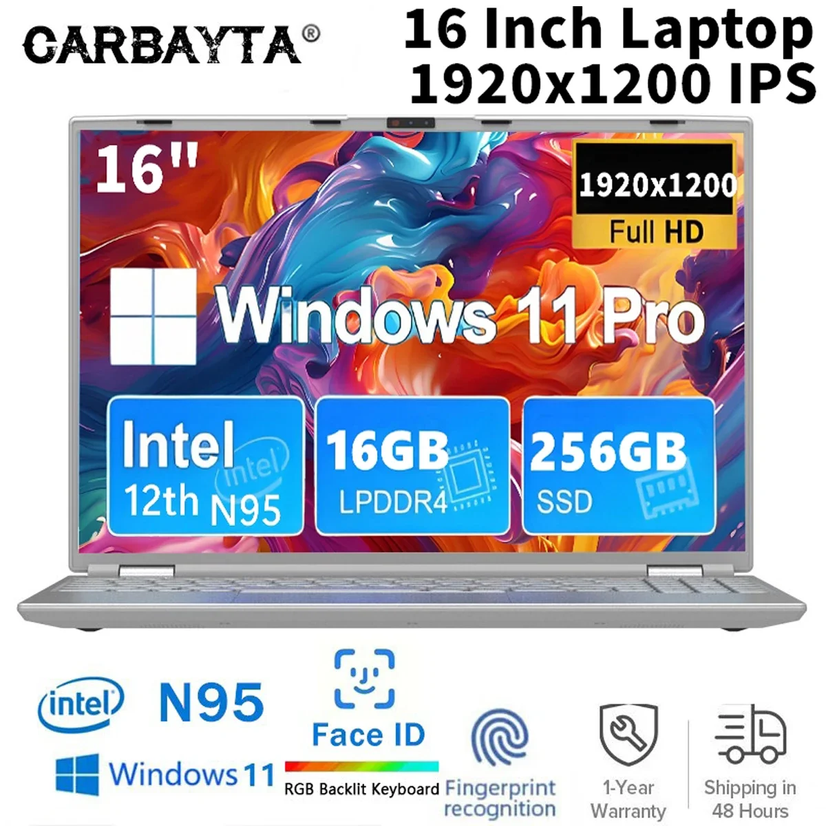Face ID Intel Office Notebook N95 Laptop da 16" 16 GB 32 GB RAM Max 2 TB ROM Windows 11 Pro Wifi 5 BT 4.2 Tastiera RGB