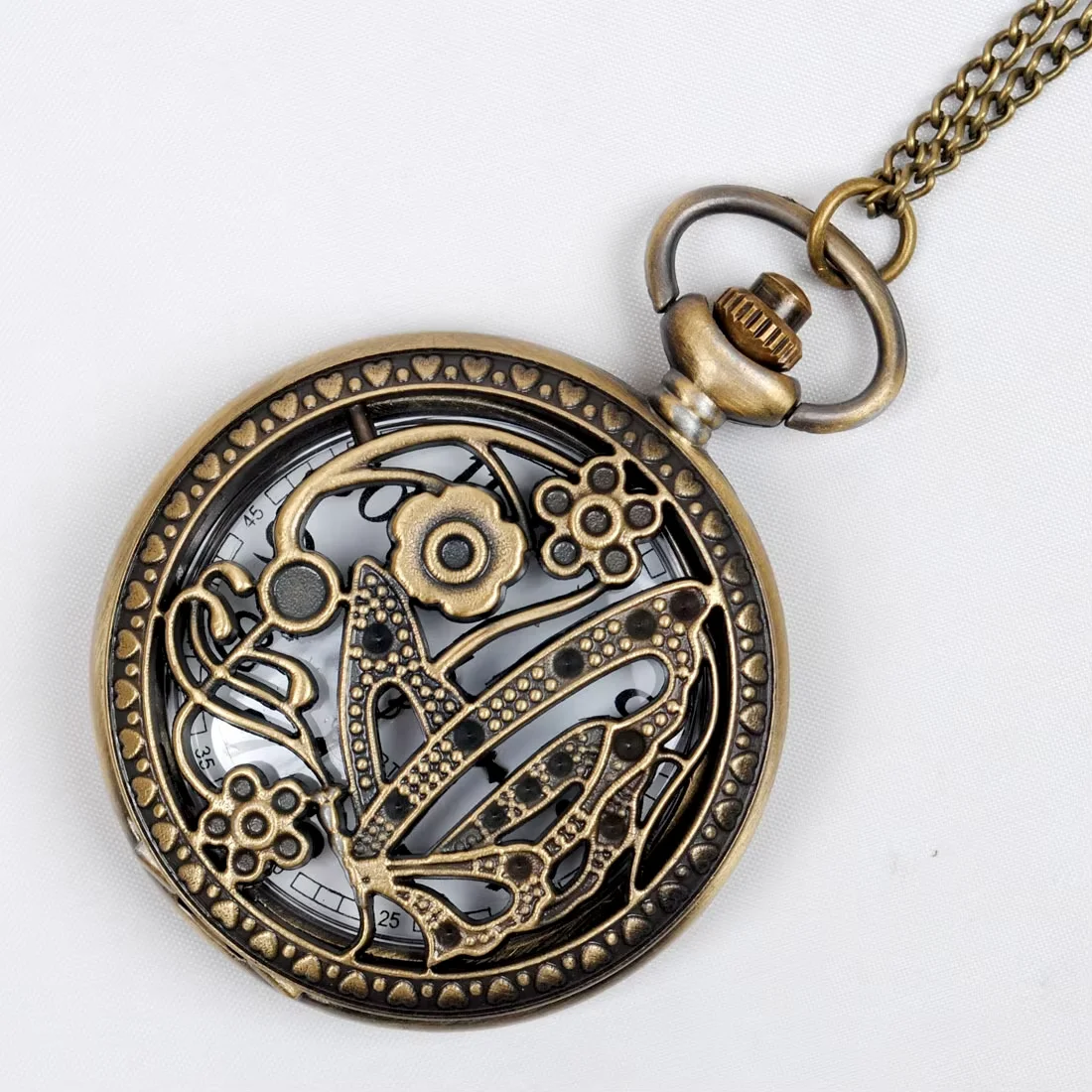 

8048 Bronze Classic Vintage Feelings Butterfly Pocket Watch Quartz Classic Vintage Pocket Watch With Necklace 8048