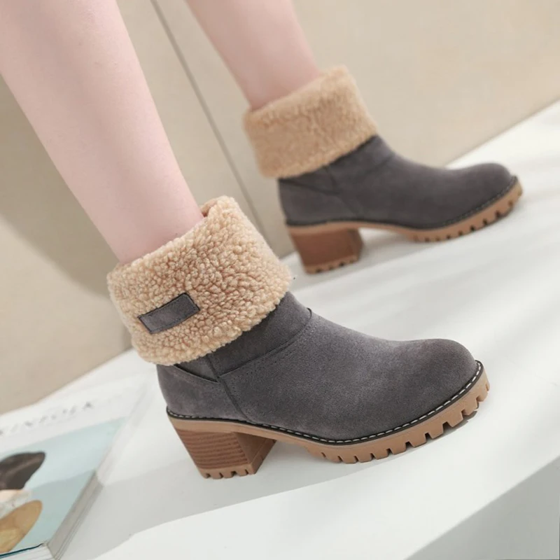 Womens Boots Female Winter Shoes Fur Snow Boots Warm Plush Women\'s Shoes Square High Heel Ankle Boots Black Botas De Mujer