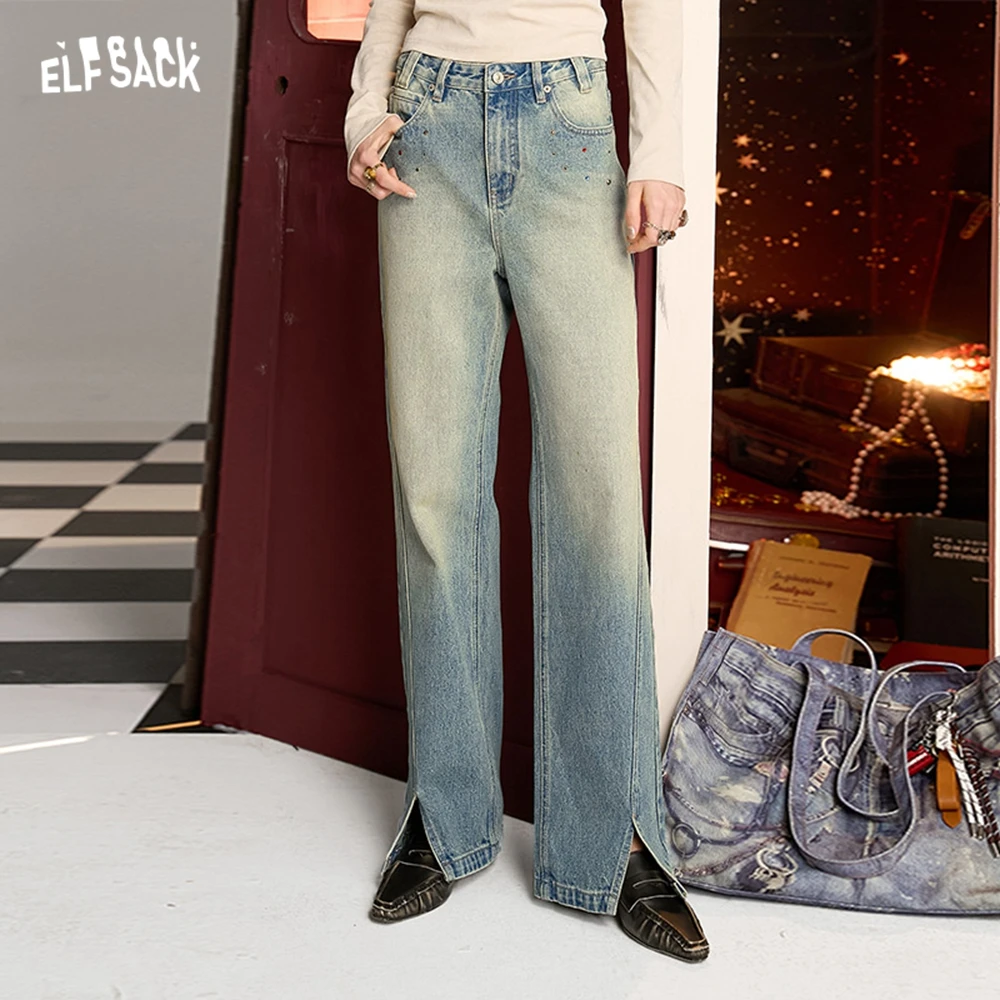 

ELFSACK 2024 Autumn New Arrive Washed blue retro casual all-match color diamond split straight jeans for women