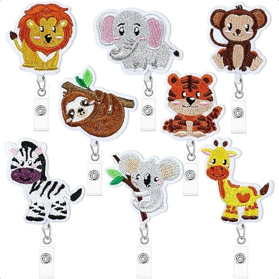 

8Pcs Zoo Animals Badge Reels Holder Felt Retractable Pediatric Badge Reels with Alligator Clip Cute Funny Animal ID Name Tag H