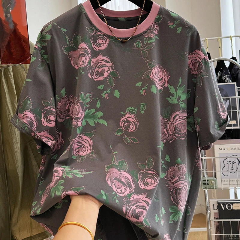 

Simplicity Commute Summer New Printed T-shirts Women's Spliced Contrast Color Round Neck Loose Pullover Short Sleeve Casual Tops