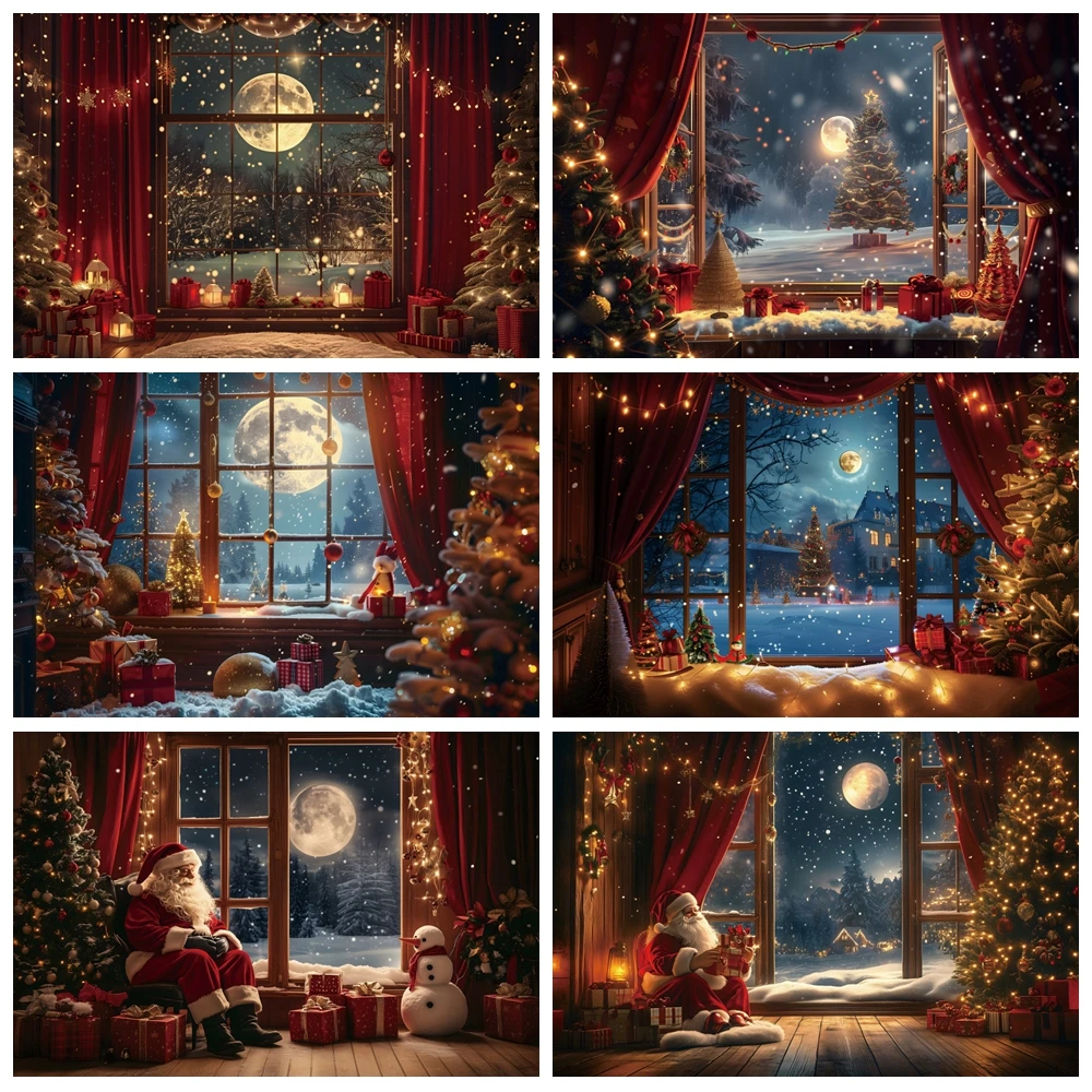 

Christmas Photography Backdrop Window Winter Red Curtain Snowman Xmas Tree Santa Claus Gift Christmas Eve Photo Background Decor