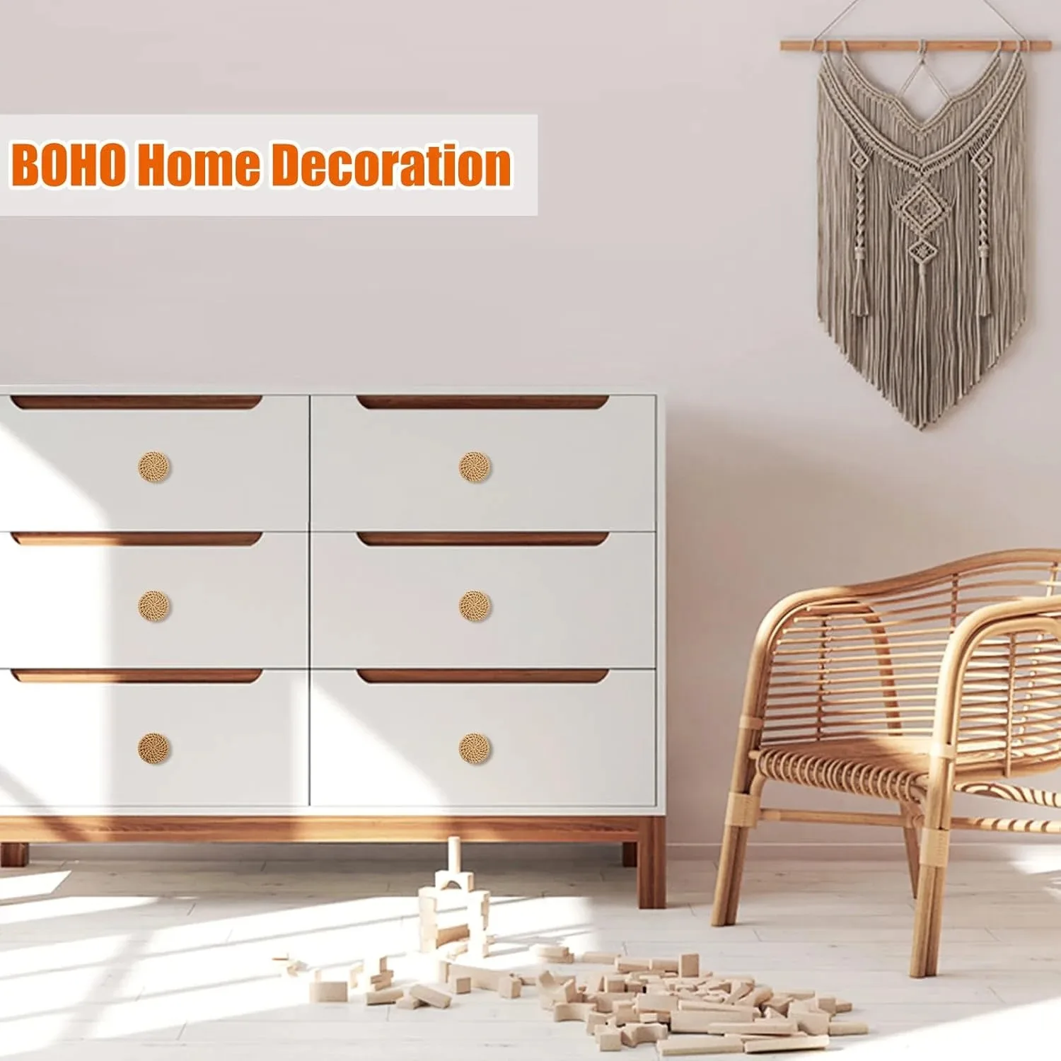 Boho Rattan Dresser Wood Knobs Hardware Pulls Cabinet Knobs Handmade Wicker Weave and Screws