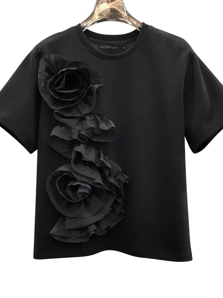 Zanzea-blusas de manga curta com design de flor para mulheres, gola redonda, cor sólida, streetwear, elegante, verão, 2024