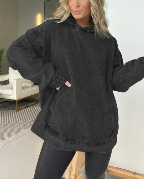 Sweat-shirt en Denim à capuche pour femmes, couleur unie, Texture naturelle, coupe ample décontractée avec poches, haut à manches longues, nouvelle collection automne