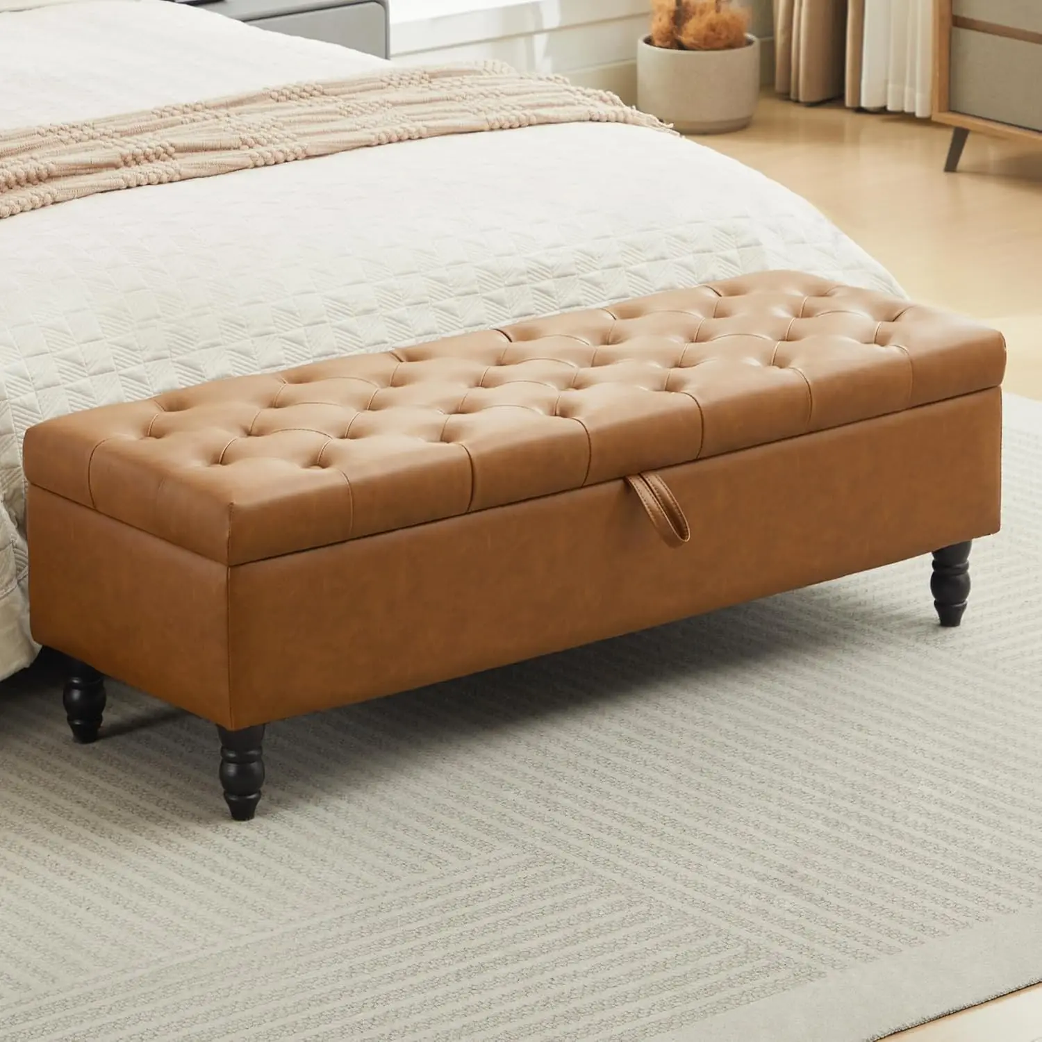 

51-дюймовая скамья-пуф для хранения вещей с подлокотниками, из искусственной кожи, коричневая (искусственная кожа, коричневый 2), на заказ