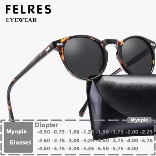 Gafas redondas teñidas para miopía, lentes negras para hombre, gafas graduadas terminadas para miopía, gafas de sol Retro para conducir con sombra para exteriores