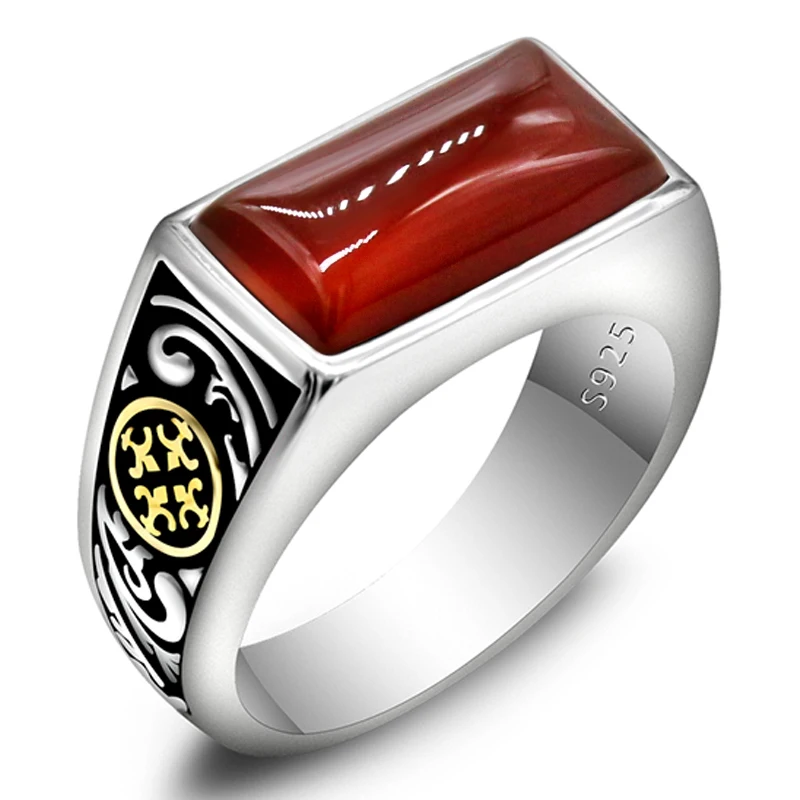 خاتم جديد من الفضة الإسترليني عيار 925 خاتم ذهبي بعملة معدنية للرجال بسيط منحنى مربع أحمر من العقيق Türkiye مجوهرات عصرية في الشرق الأوسط #4