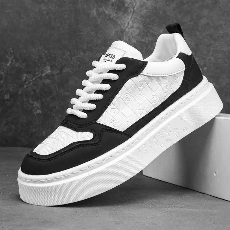 

Men's Fashion Sneakers Spring Autumn Print Leather Panel Heightening Sports Shoes round Toe Zipper Closure Popular Male Footwear