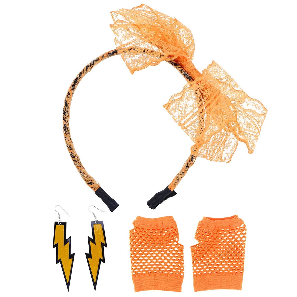 

Кружевная повязка на голову 80-х, широкие кружевные неоновые серьги, пластиковые крючки для ушей, ажурные перчатки без пальцев, оранжевые для вечеринки 80-х, неоновые серьги