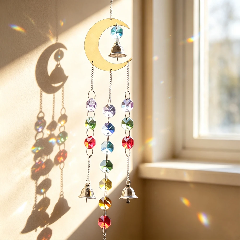 Mondförmiger Metall-Sonnenfänger, Hängeanhänger mit bunten Kristallperlen und Glöckchen, Ornament für Fenstervorhänge, Heim- und Raumdekoration – Detail 2