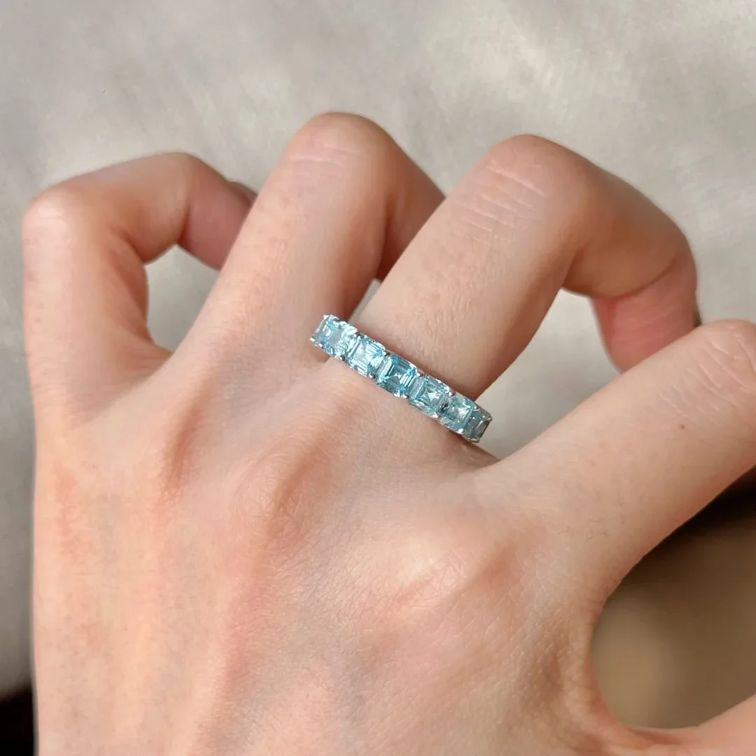 S925Sterling Silver Ring Heavy Industry High End Full Diamond Row Ring Fashionable Versatile High Carbon Diamond Aquamarine Ring