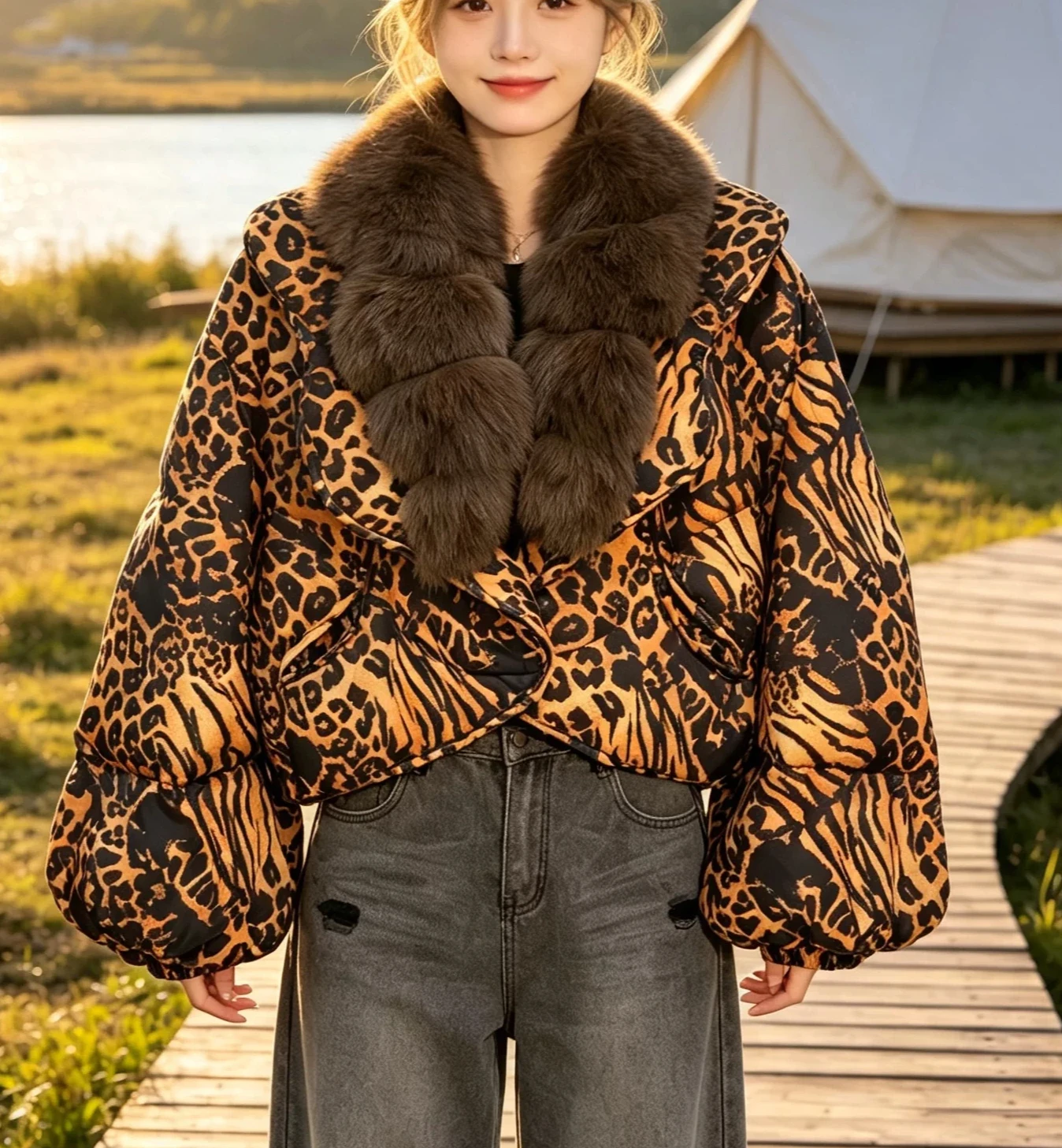 Winter New Women's Down Jacket Loose Print Fox Fur Collar Short White Duck Down Jacket