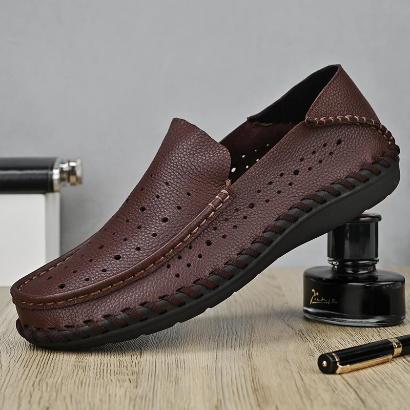 

2026 Summer Breathable Men Leather Shoes, Soft Skin Plus Size Casual Shoes, Single Layer Cowhide Wide Feet Business Loafers