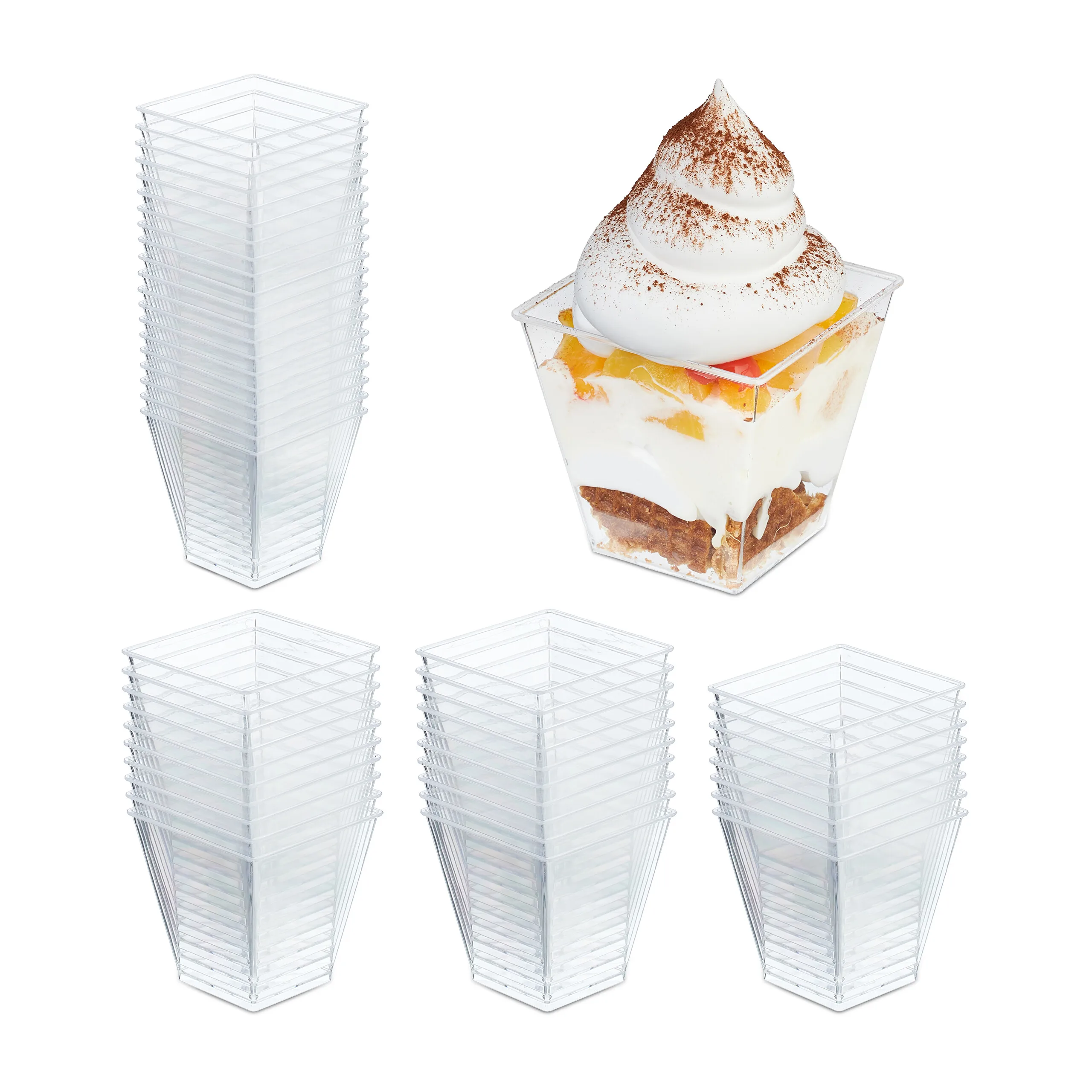 Set da 50 coppette per dessert, contenitori quadrati per snack, riutilizzabili, in plastica trasparente, capacità 210 ml, impilabili, ciotole per dessert, Relaxdays.