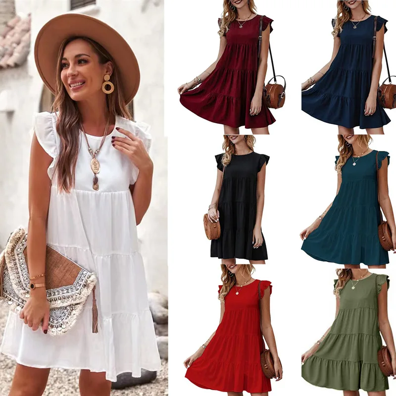 2025 Summer new solid color round neck short-sleeved dress casual cake skirt pleated skirt