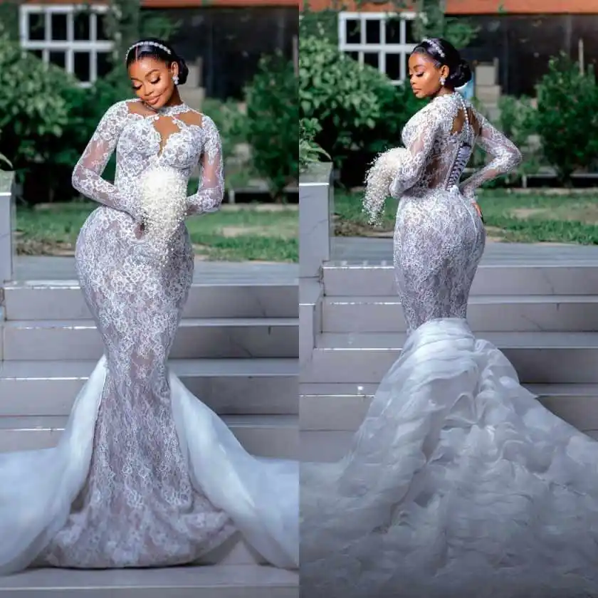 Luxury Mermaid Wedding Dresses Full Sleeve With 3D Floral Appliques  Bride Wedding Dress Customized Vestidos De Novia