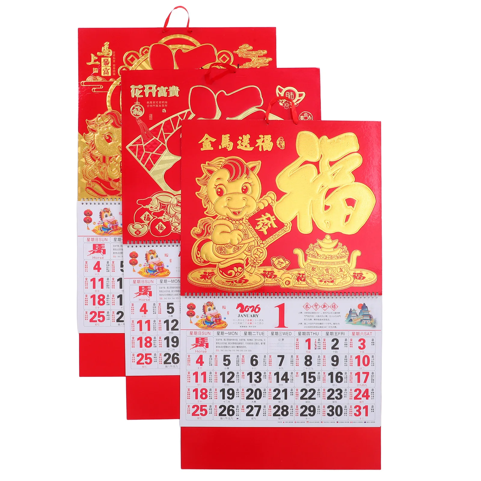 Calendario colgante chino de 3 uds., año 2026 del caballo, planificador de pared Lunar rasgable mensual grande, calendario de pared chino para oficina y hogar 2026