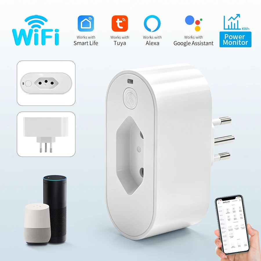 Tuya WiFi Smart Plug Brazil Standard AC 16A Socket Power Monitoring Voice Control Smart Life Outlet Works with Alexa Google Home