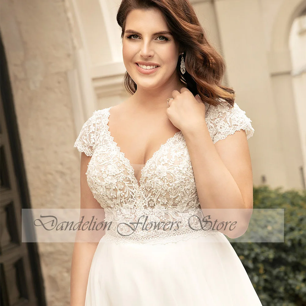 Cổ Điển Wedding Dresses Cho Phụ Nữ Cộng Với Kích Thước Cap Sleeves V-Cổ Dây Kéo Cô Dâu Gowns Voan A-Line Sweep Train Vestido De Novia