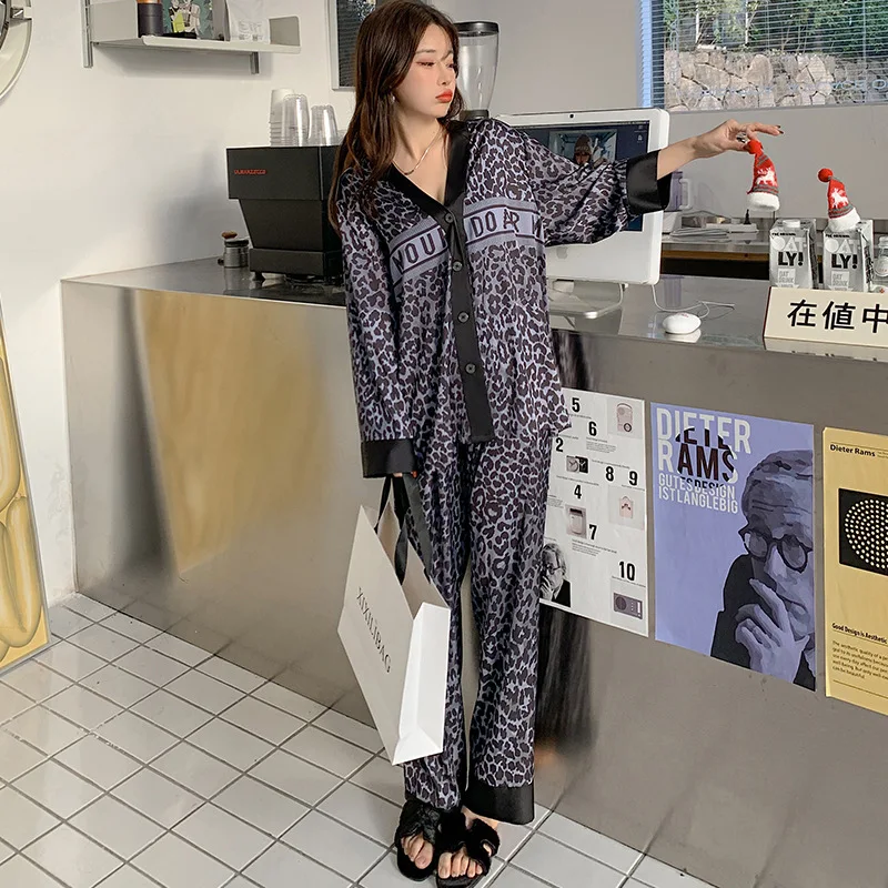 Leopard Print Ice Silk Pajamas Women's Cool Feeling in Summer Silk Slip Thin Cardigan V-Neck Long Sleeve Long Pants Sleepwear