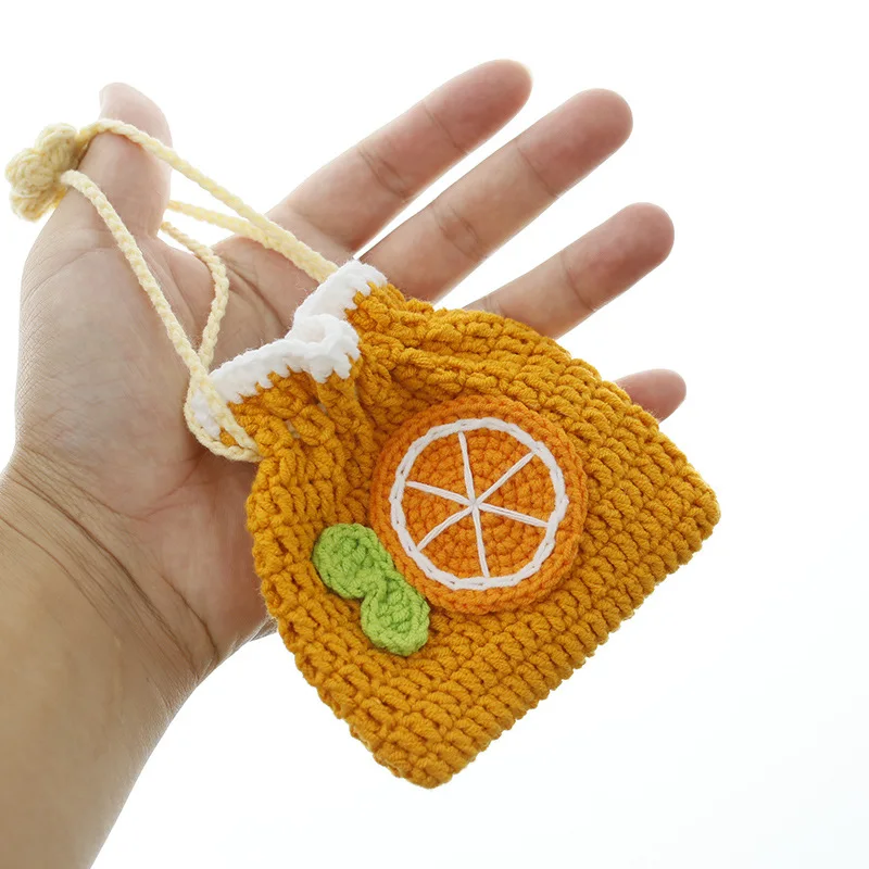 Bolsa Mini de Ganchillo Hecha a Mano con Cordón Naranja, Monedero de Frutas Tejido, Bolsa para Guardar Joyas