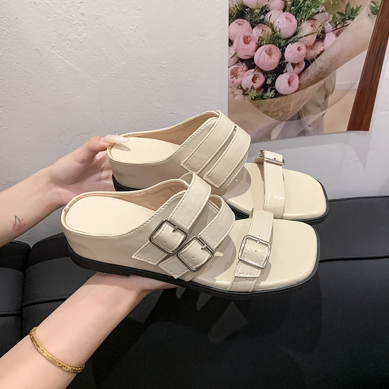 

Women Retro Double Buckle Flat Slide Sandals Velvet Surface Open Toe Slip On Casual Flats Comfort Outdoor Daily Summer Footwear